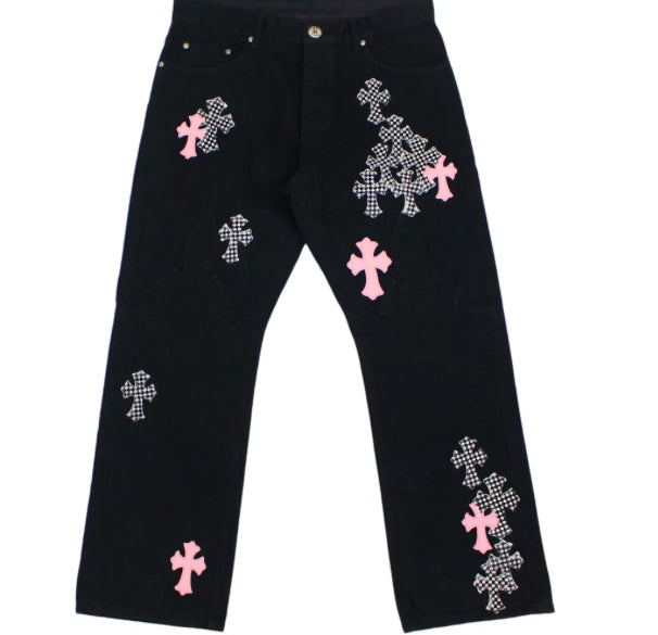 Chrome Heart Pink and Checkered Cross Patch Fleurknee Jeans