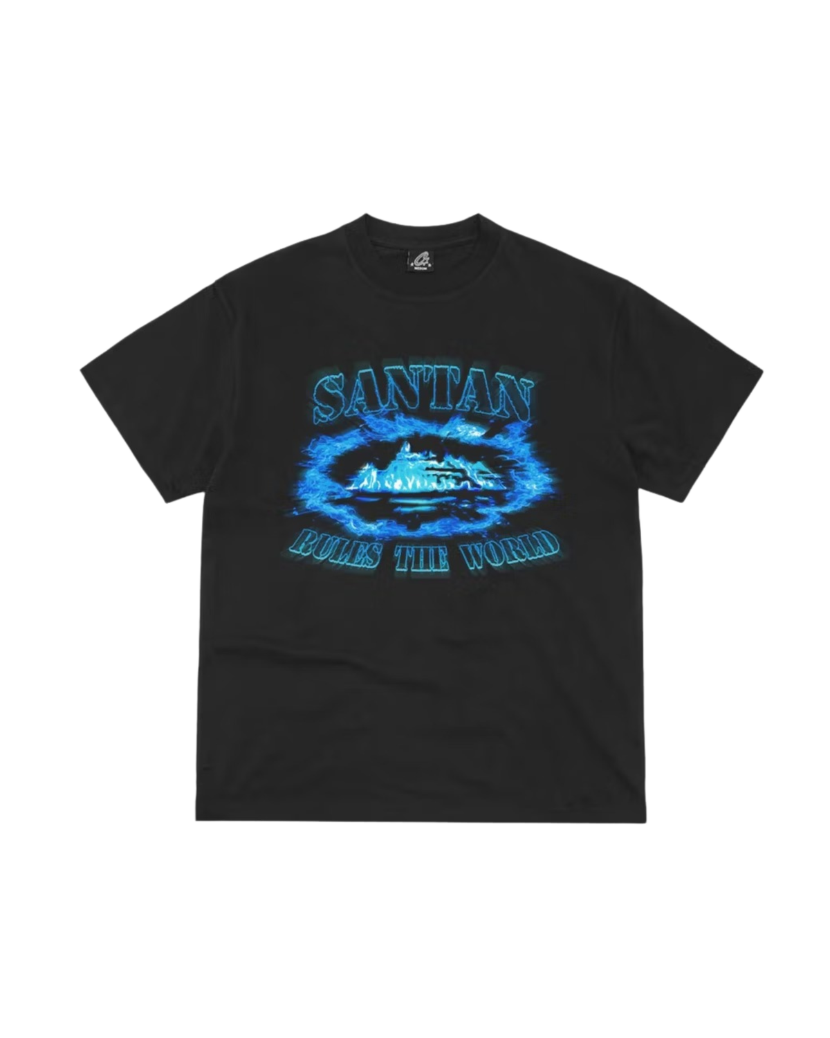 Corteiz Santan Alcatraz Tee - "Black/Blue Flame"